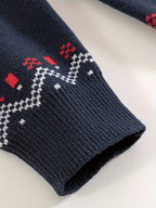Mens Nordic Snowflake Knit Sweater with Ribbed Cuffs and Hem and a Round Neck in Navy