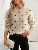 Womens Polka Dot Crew Neck Sweater with Soft Warm Knit and Relaxed Fit in Khaki or Gray