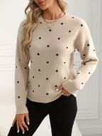 Womens Polka Dot Crew Neck Sweater with Soft Warm Knit and Relaxed Fit in Khaki or Gray