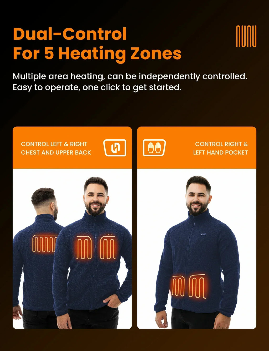 Mens Heated Fleece Jacket with Five Carbon Fiber Zones and Three Heat Levels for Outdoors