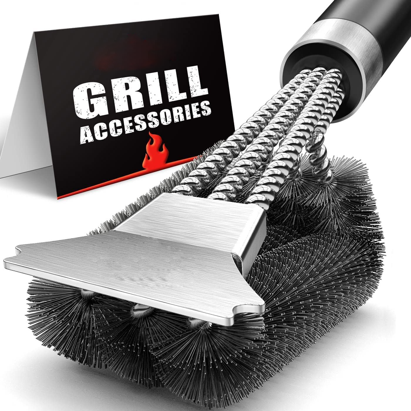 Triple Head Grill Brush with Rotating Design and 18-Inch Handle, Steel Bristles All Vera Mart