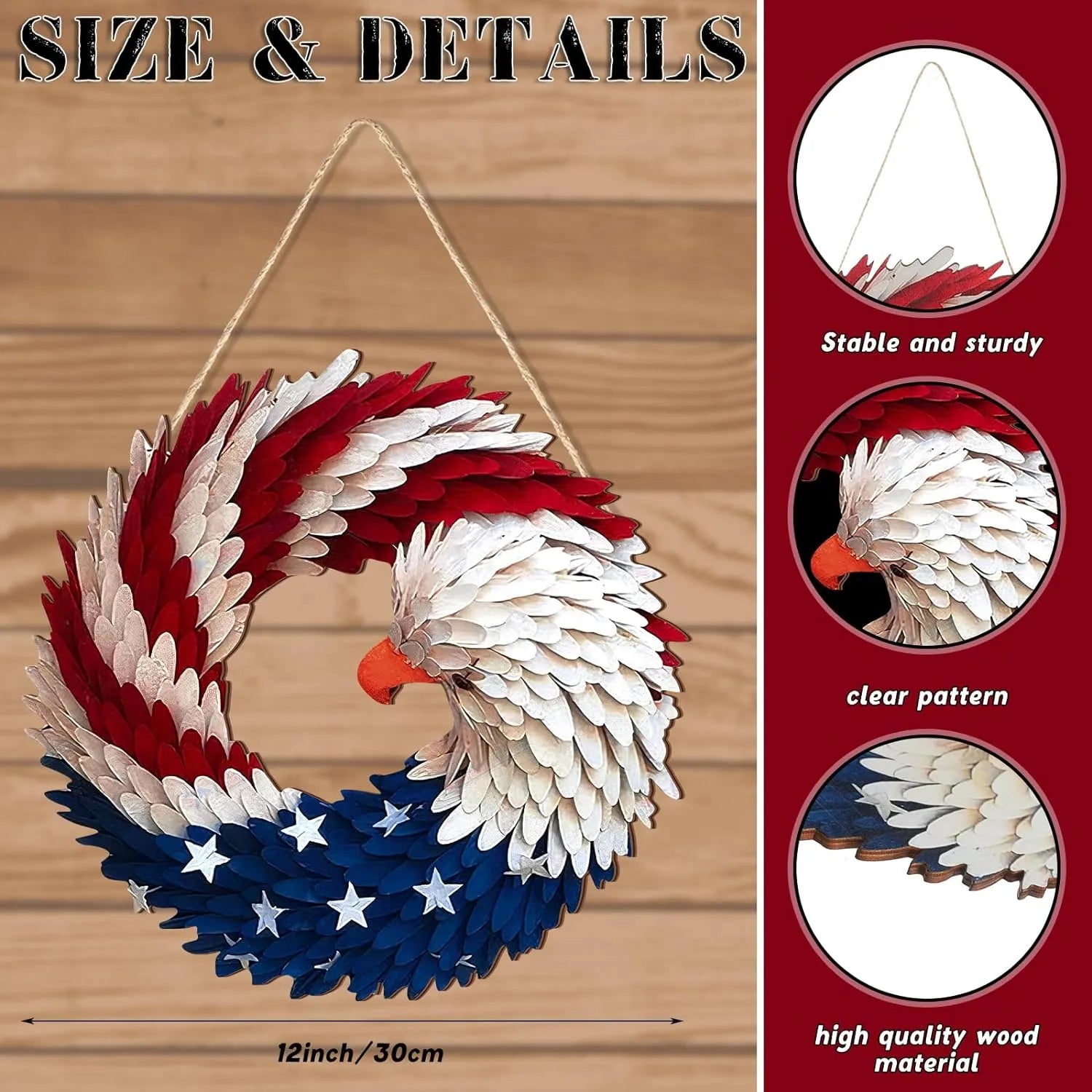 Wooden Patriotic Door Sign with Eagle and Star Design, 12 Inch Round All Vera Mart