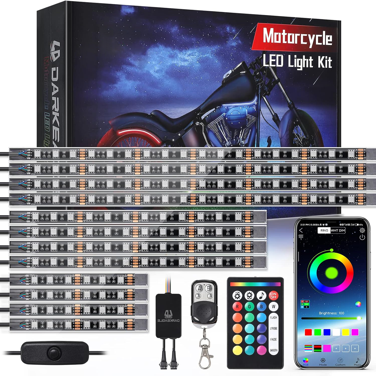 Motorcycle LED Light Kit with App Control and Brake Signal, 144 LEDs All Vera Mart