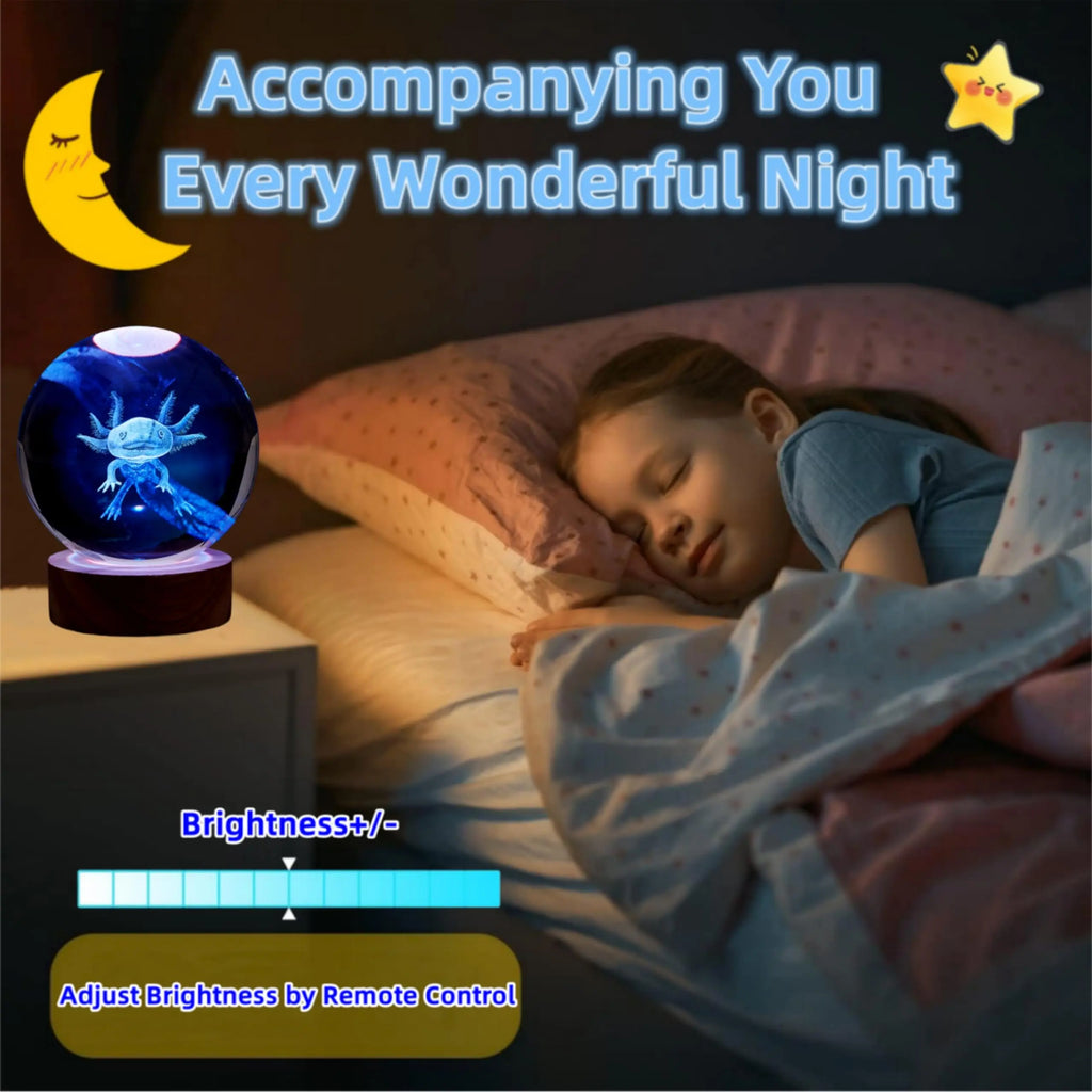 Axolotl 3D Crystal Lamp with Wooden Base and USB Power, 16-Color LED Night Light All Vera Mart