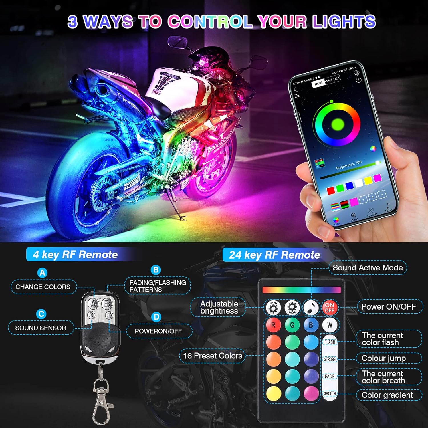 Motorcycle LED Light Kit with App Control and Brake Signal, 144 LEDs All Vera Mart