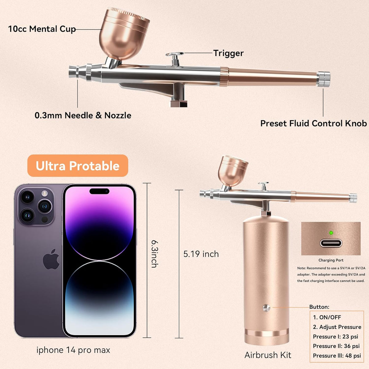 Rechargeable Airbrush with 60-Minute Runtime and Three Pressure Settings All Vera Mart
