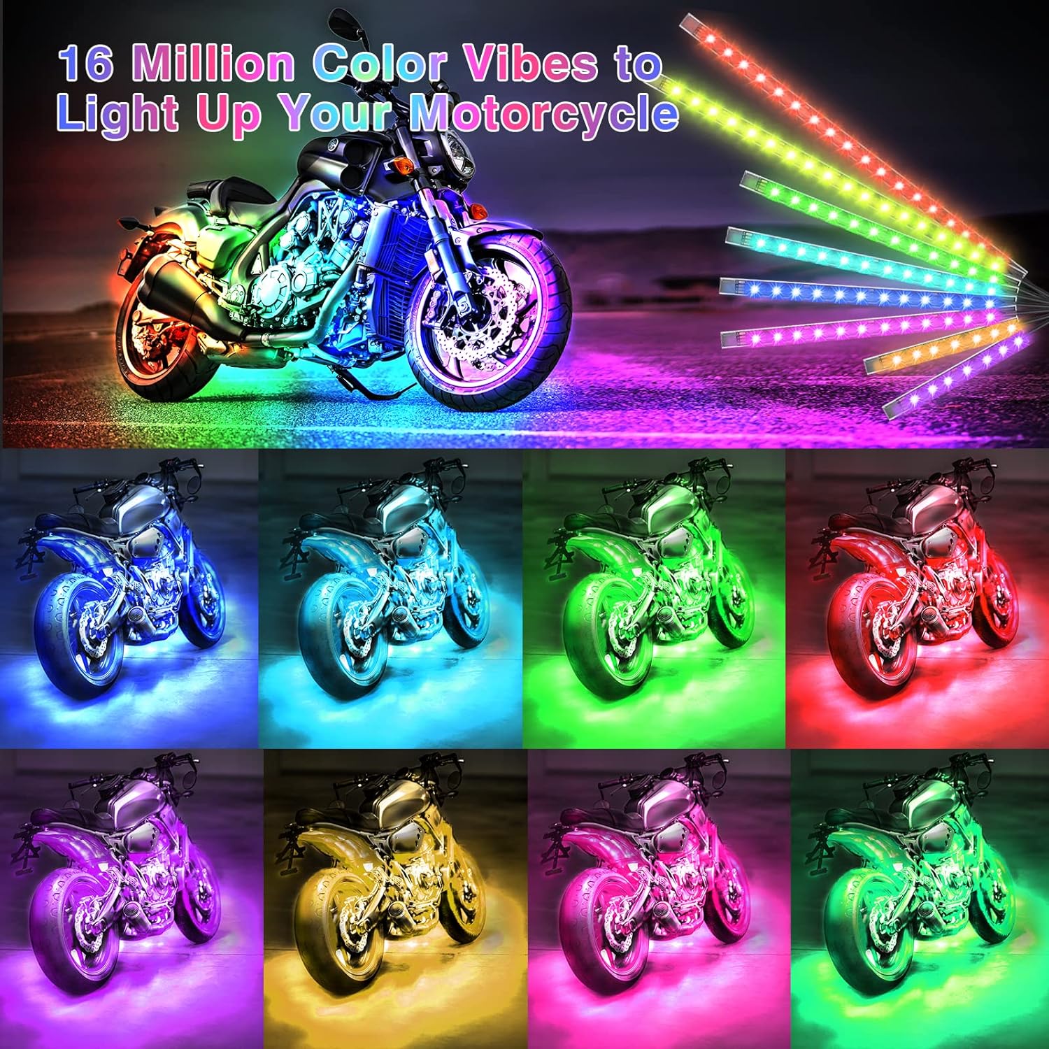Motorcycle LED Light Kit with App Control and Brake Signal, 144 LEDs All Vera Mart