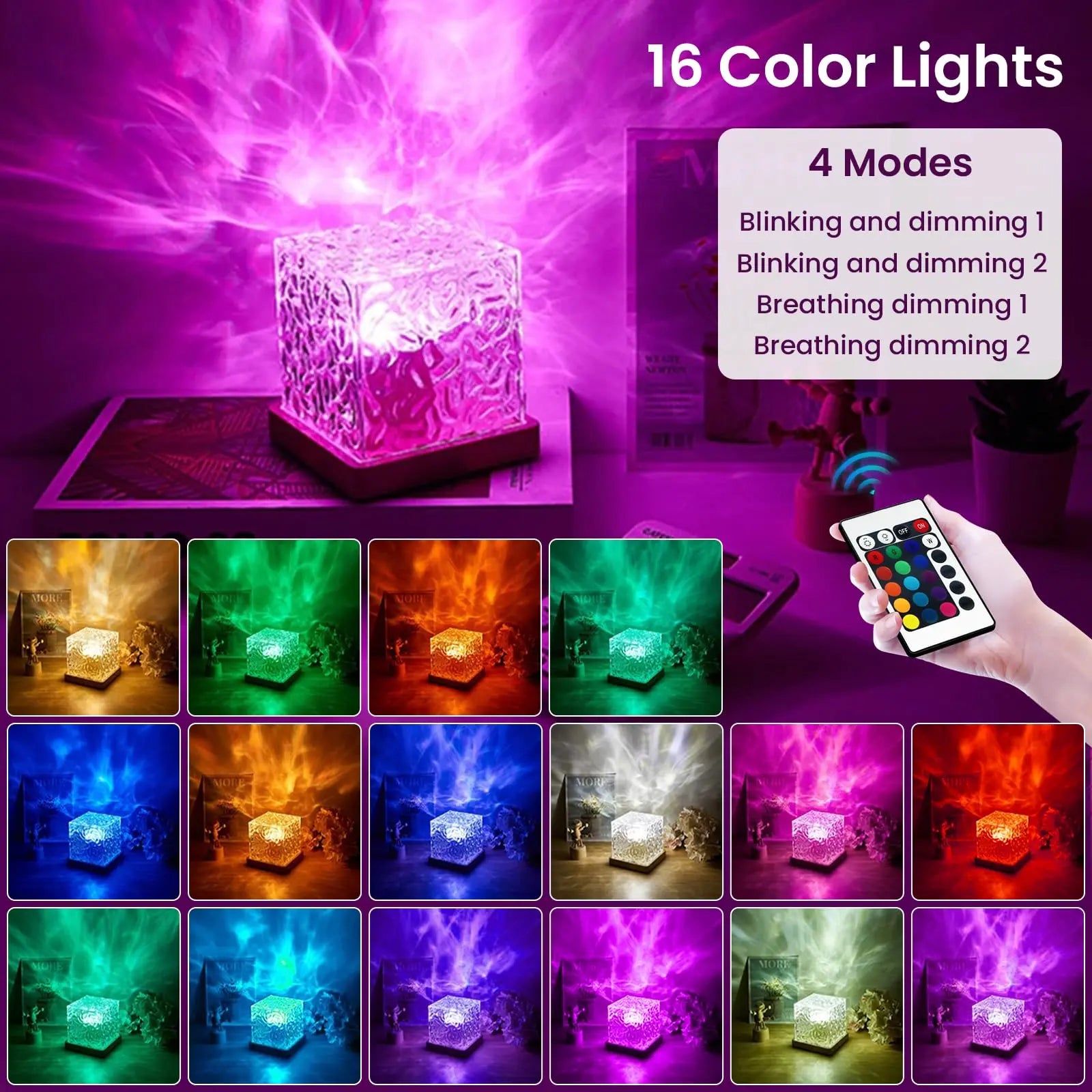 Ocean Wave Projector with 16-Color LEDs and Remote Control, Wood-Textured Cube for Bedroom All Vera Mart