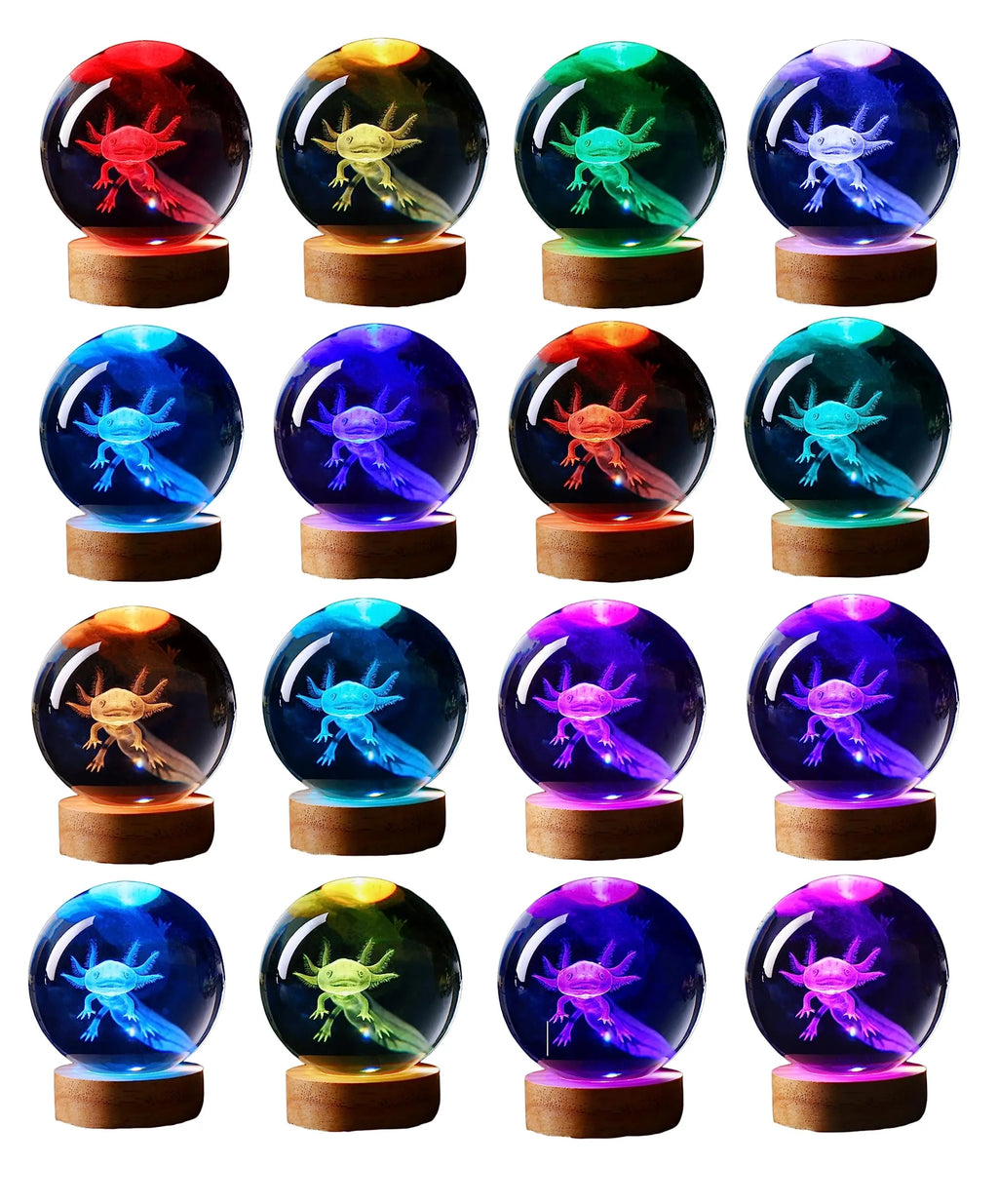 Axolotl 3D Crystal Lamp with Wooden Base and USB Power, 16-Color LED Night Light All Vera Mart