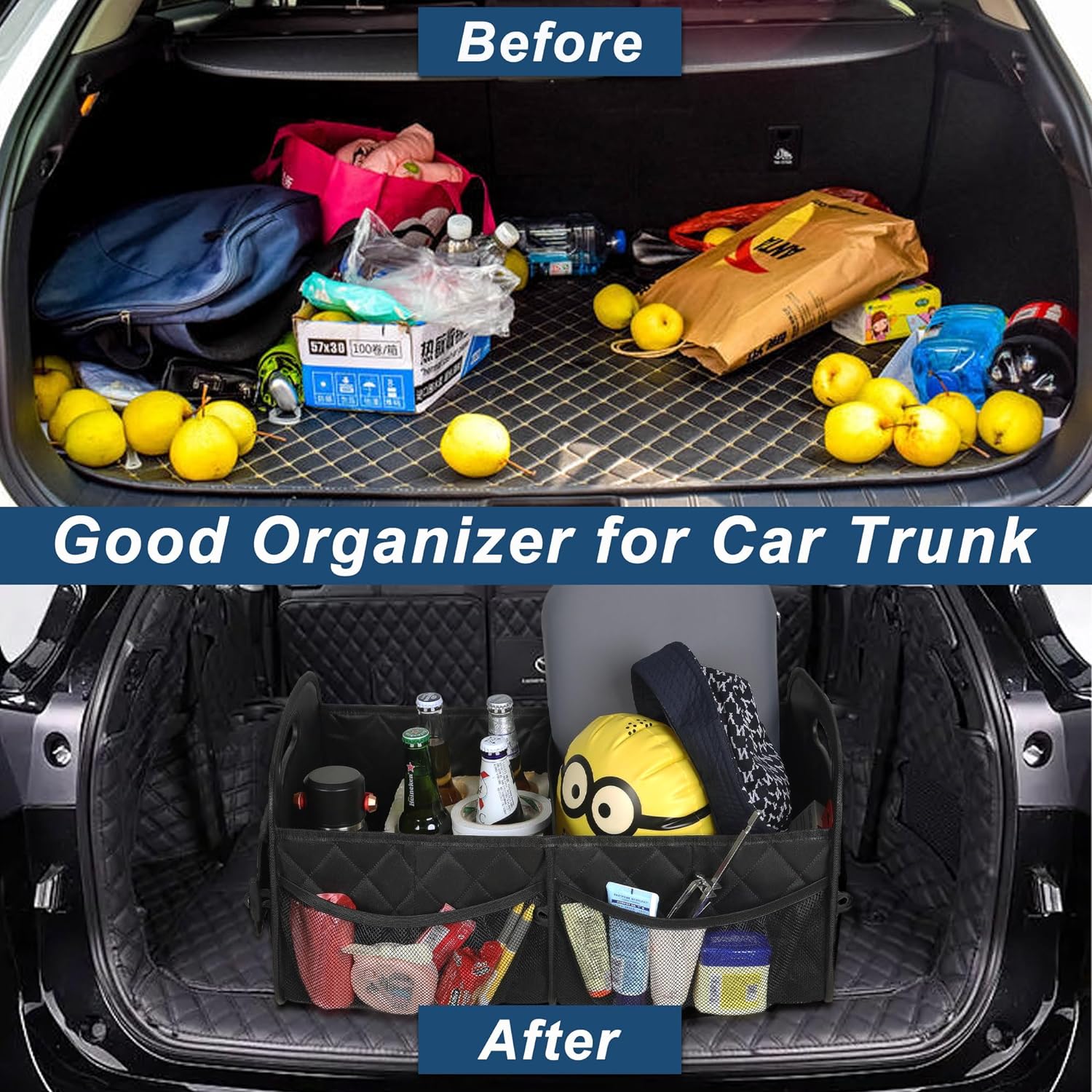 Foldable Trunk Organizer with Adjustable Compartments and Hook-and-Loop Base All Vera Mart
