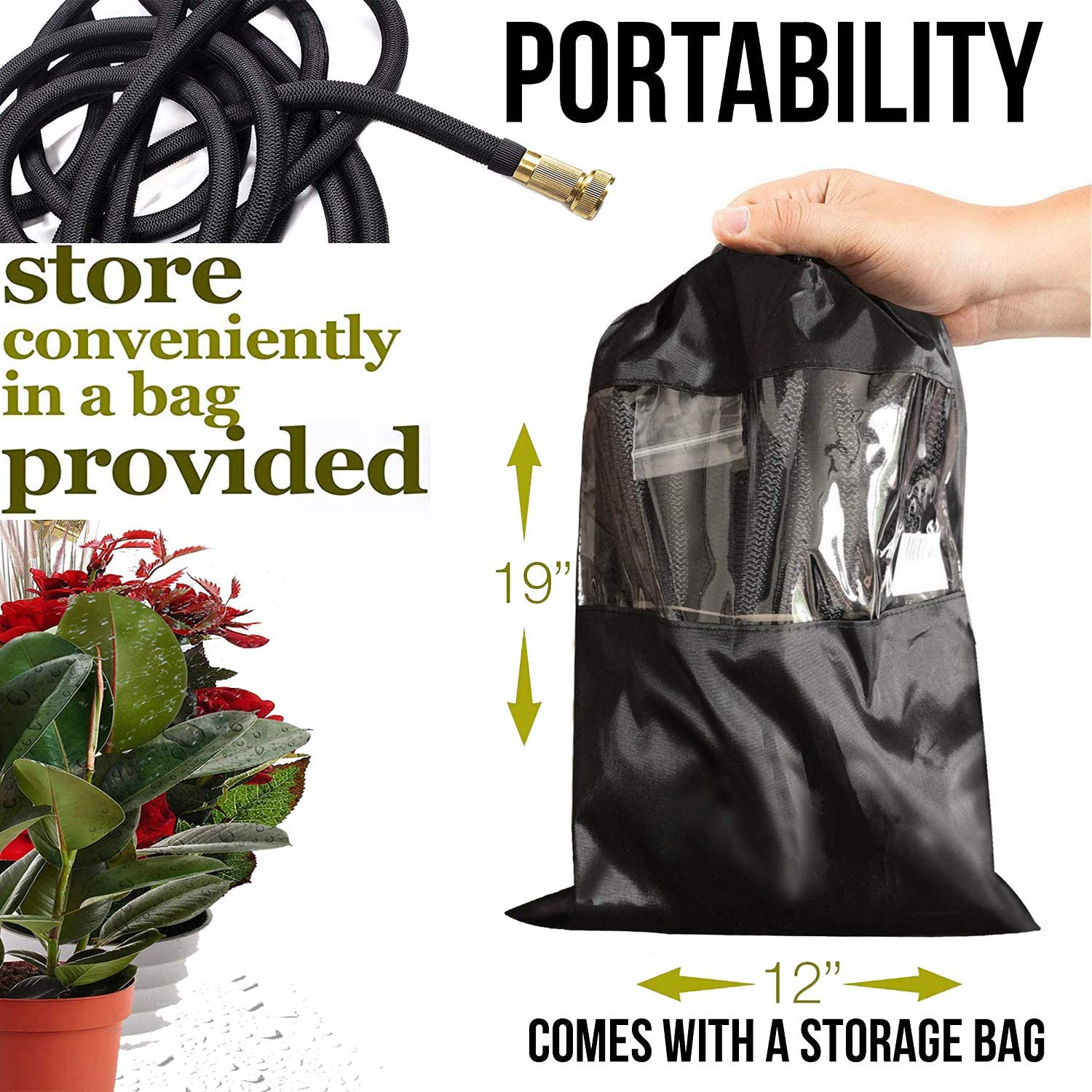 Expandable Garden Hose with Brass Fittings and Integrated Shutoff Valve, Storage Bag All Vera Mart