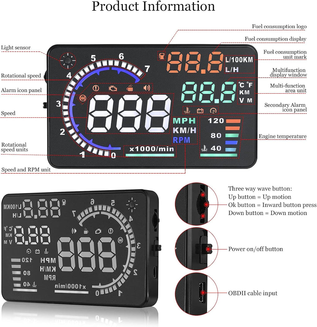Car Head Up Display with OBD2 and GPS, 5.5in Color LED Screen All Vera Mart