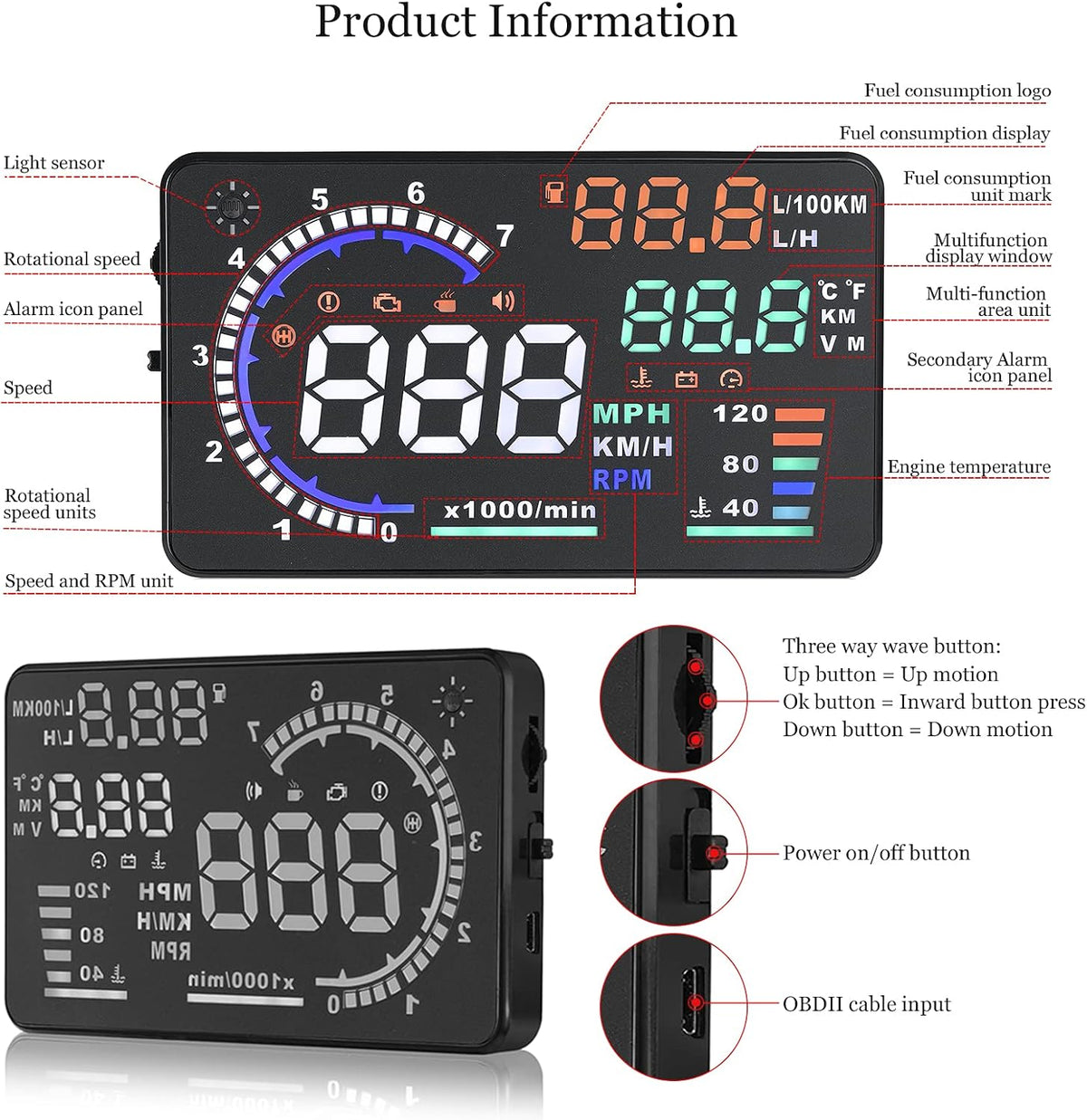 Car Head Up Display with OBD2 and GPS, 5.5in Color LED Screen All Vera Mart
