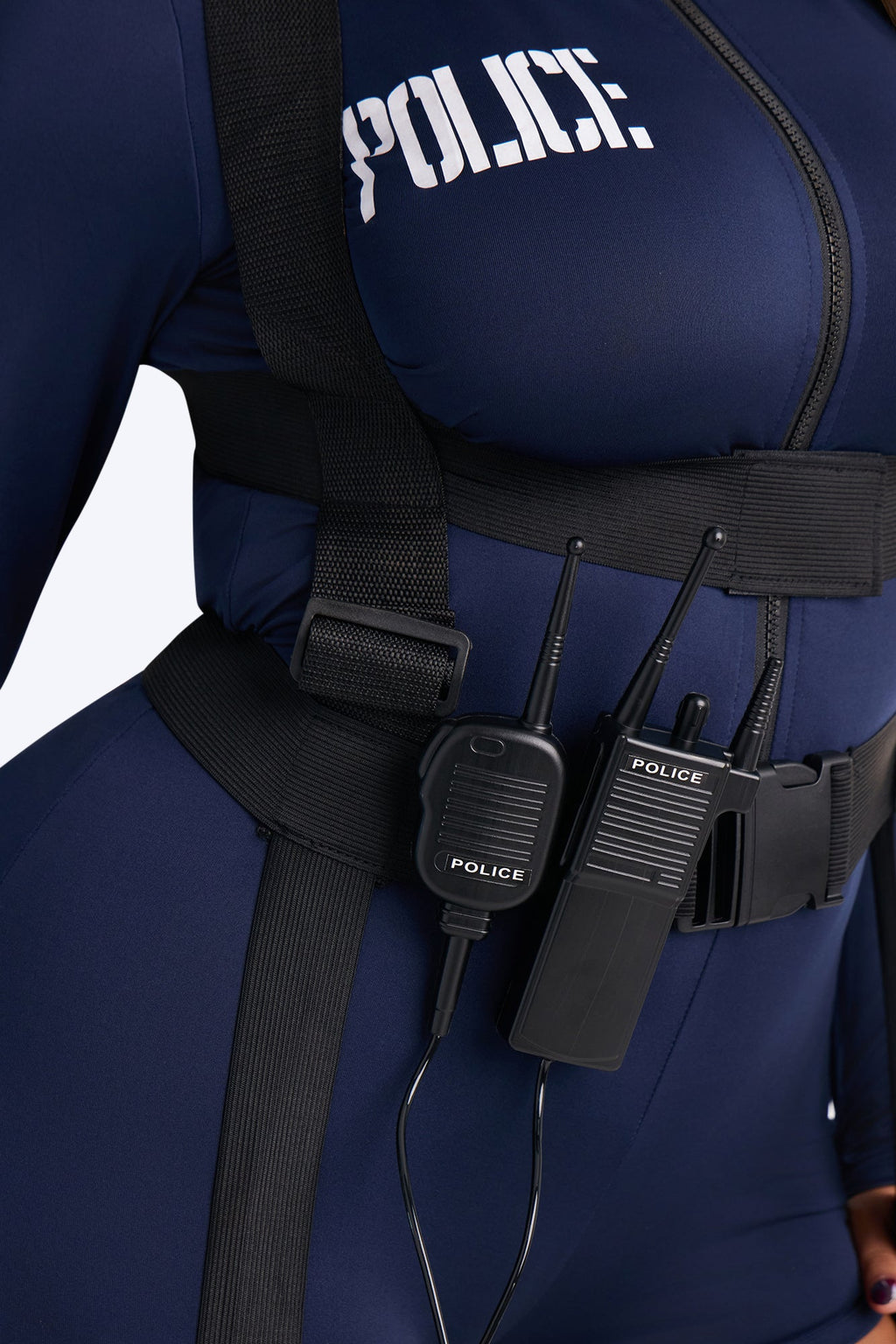Police Officer Costume Set with Zip Romper, Body Harness, Handcuffs, and Hat