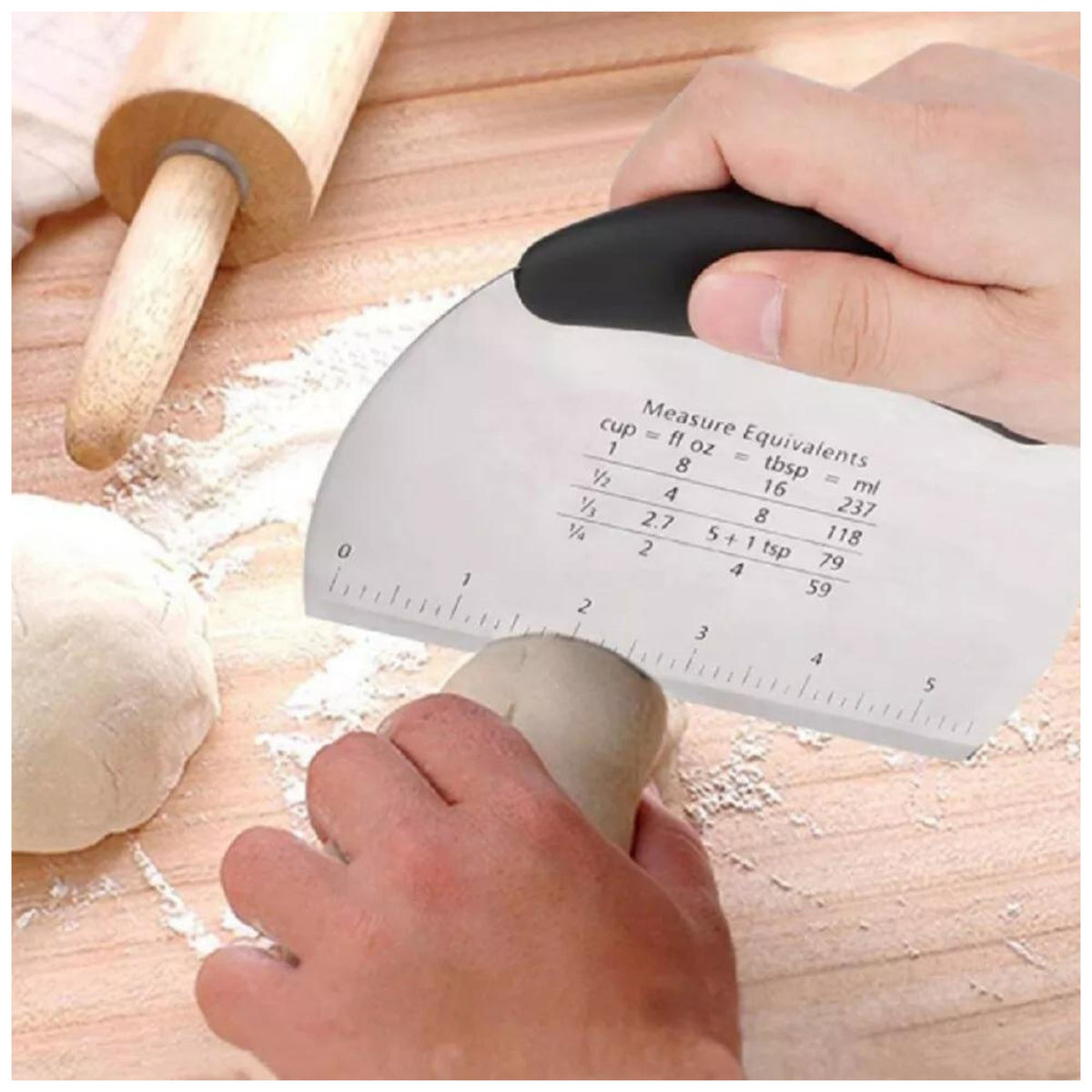 Stainless Steel Dough Scraper with Etched Measurement Markings and Handle