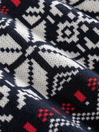 Mens Nordic Snowflake Knit Sweater with Ribbed Cuffs and Hem and a Round Neck in Navy