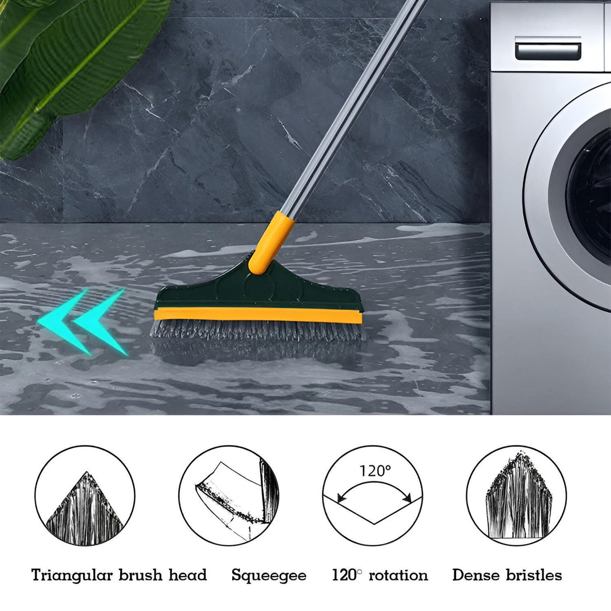 Long Handle Floor Scrub Brush with Rotating Head and Squeegee Blade All Vera Mart