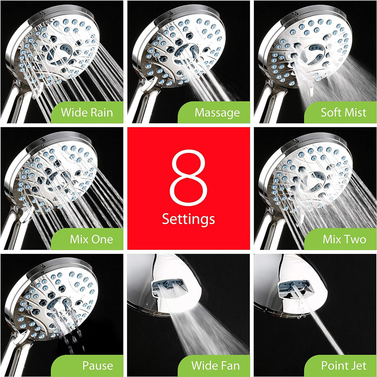 Handheld Shower Head with Eight Spray Patterns and 6ft Hose, Chrome Finish All Vera Mart