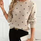 Womens Polka Dot Crew Neck Sweater with Soft Warm Knit and Relaxed Fit in Khaki or Gray