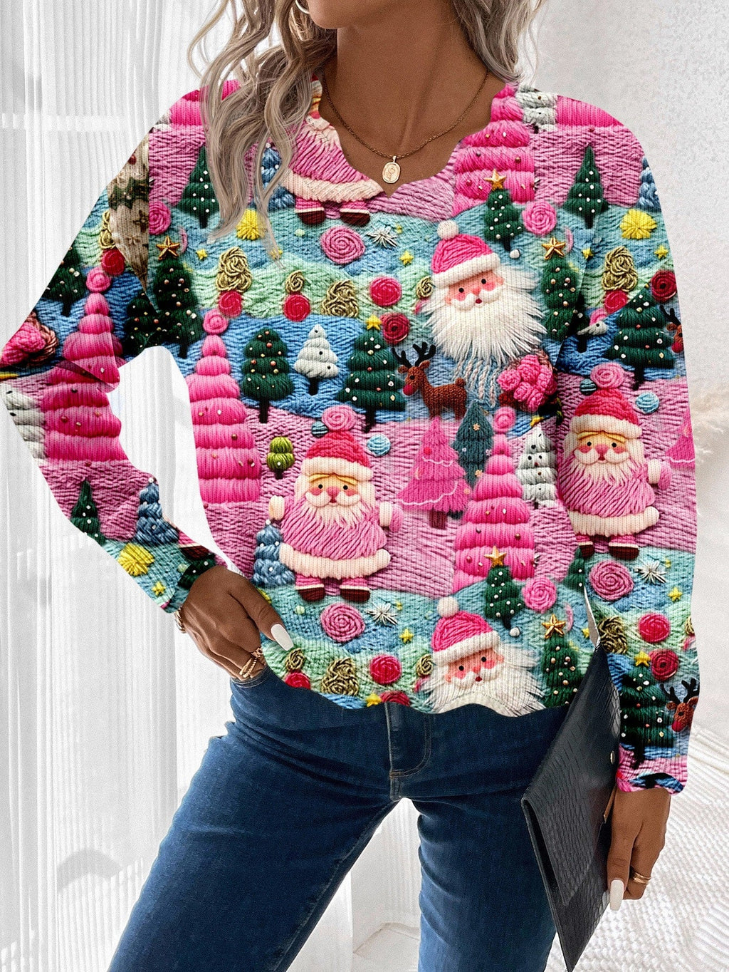 Women's Christmas Pullover Sweater with Scalloped Hem and Multicolor Holiday Pattern All Vera Mart