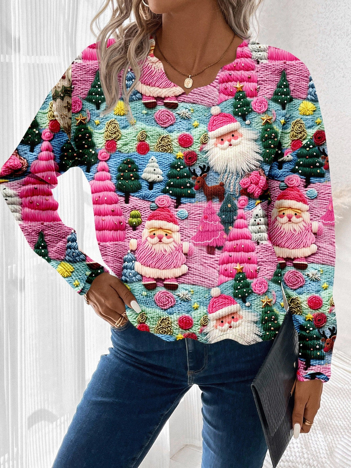 Women's Christmas Pullover Sweater with Scalloped Hem and Multicolor Holiday Pattern All Vera Mart