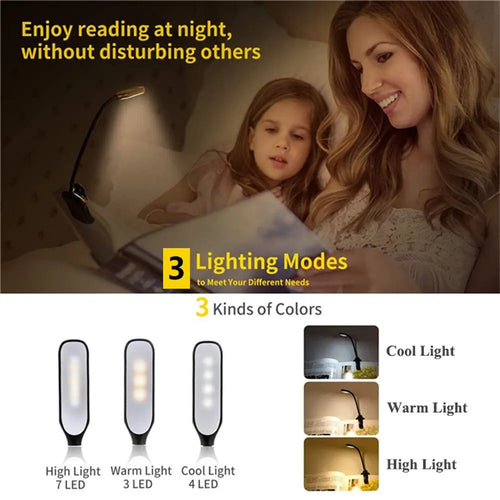 Clip-On Book Light with USB Rechargeable Battery and Adjustable Color Temperature, 9-LED All Vera Mart