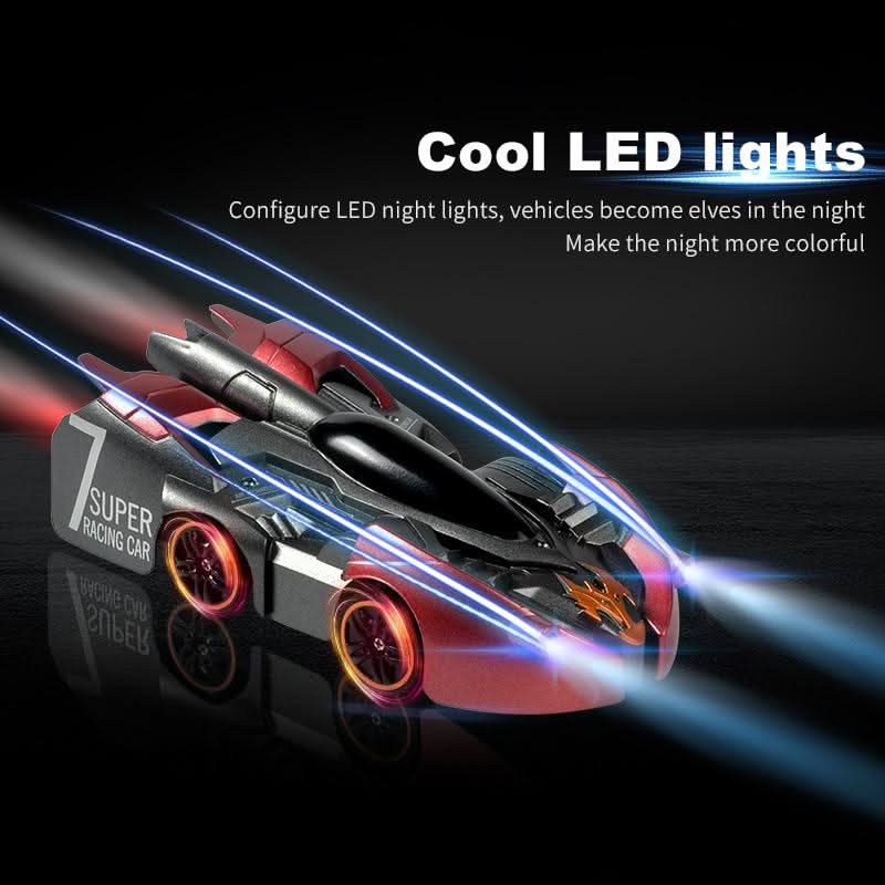 Wall Climbing RC Stunt Car with Suction Drive, 360 Degree Spins and LED Lights in Blue or Red