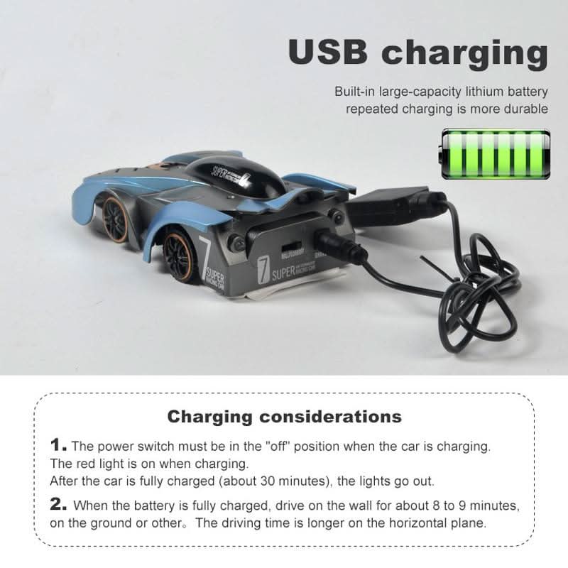 Wall Climbing RC Stunt Car with Suction Drive, 360 Degree Spins and LED Lights in Blue or Red