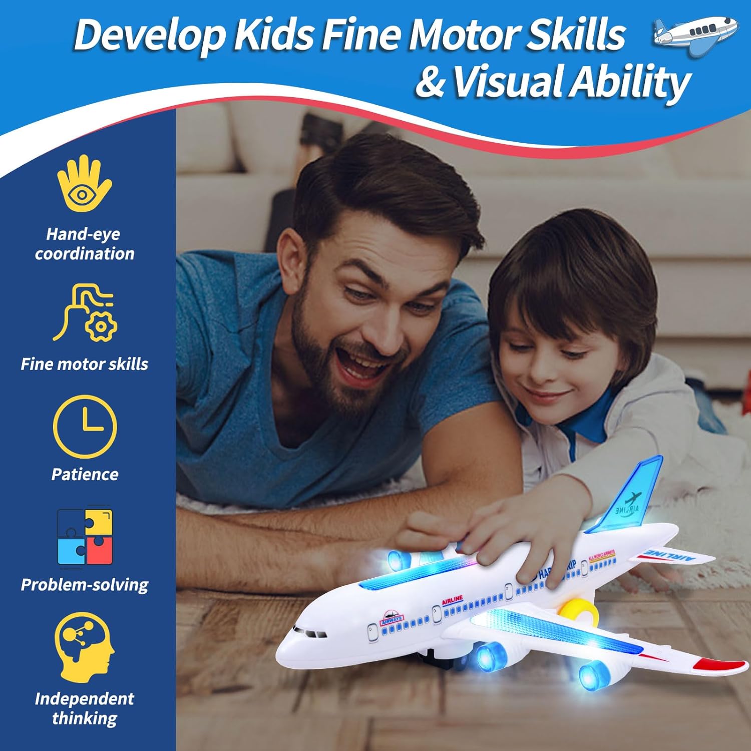 Moving Airplane Toy with Obstacle Detection and Sound Effects, Colorful Lights All Vera Mart