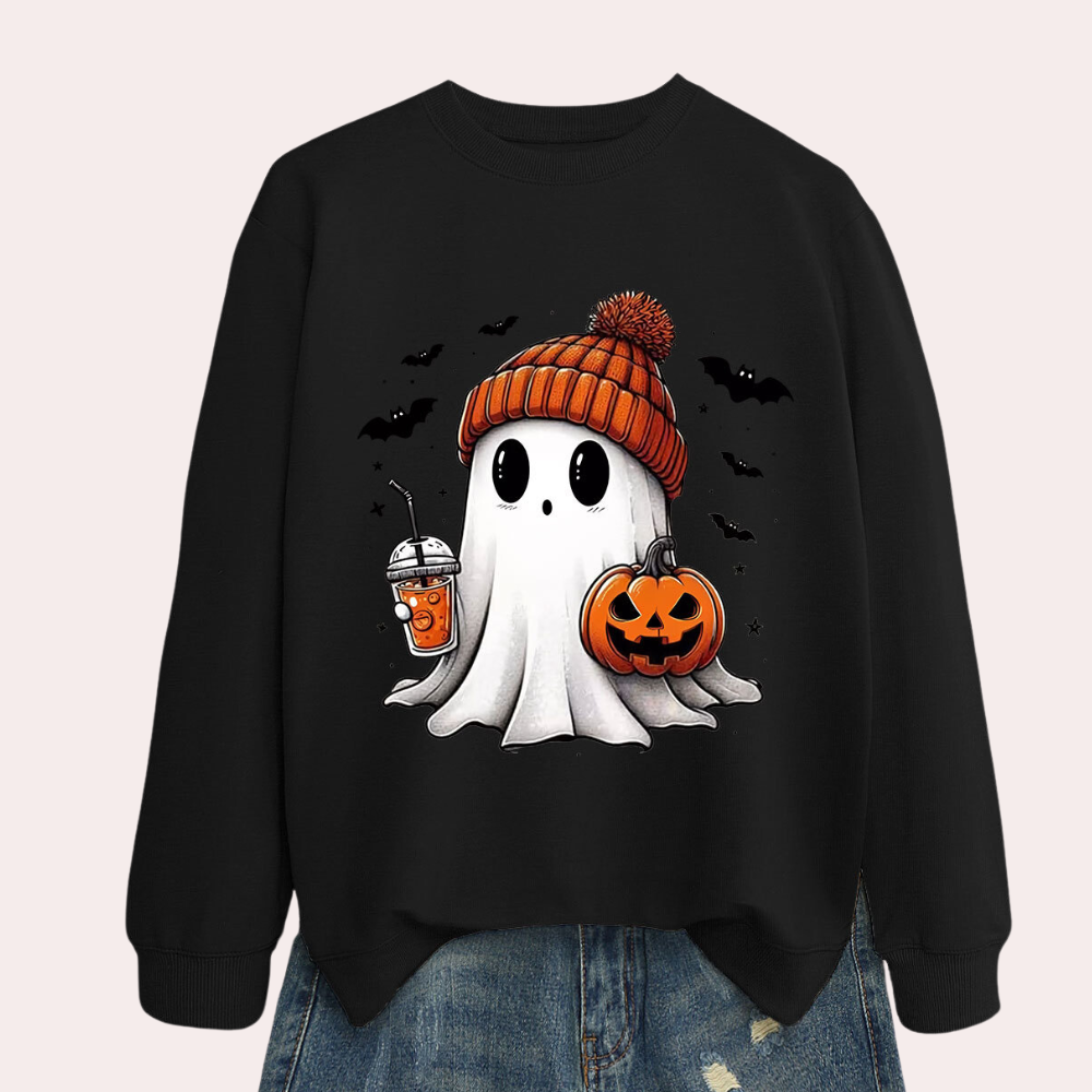 Women's Halloween Sweatshirt with Ghost and Pumpkin Print, Round Neck All Vera Mart