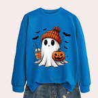 Women's Halloween Sweatshirt with Ghost and Pumpkin Print, Round Neck All Vera Mart