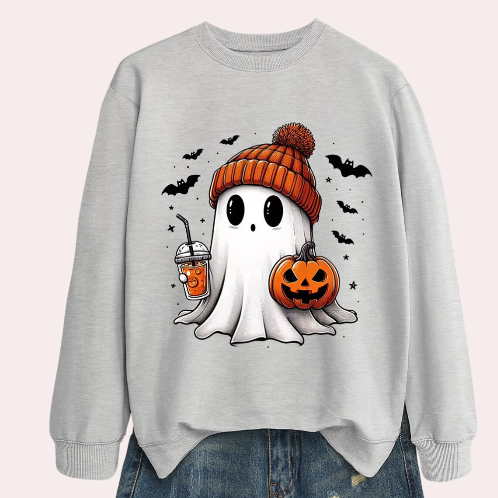 Women's Halloween Sweatshirt with Ghost and Pumpkin Print, Round Neck All Vera Mart