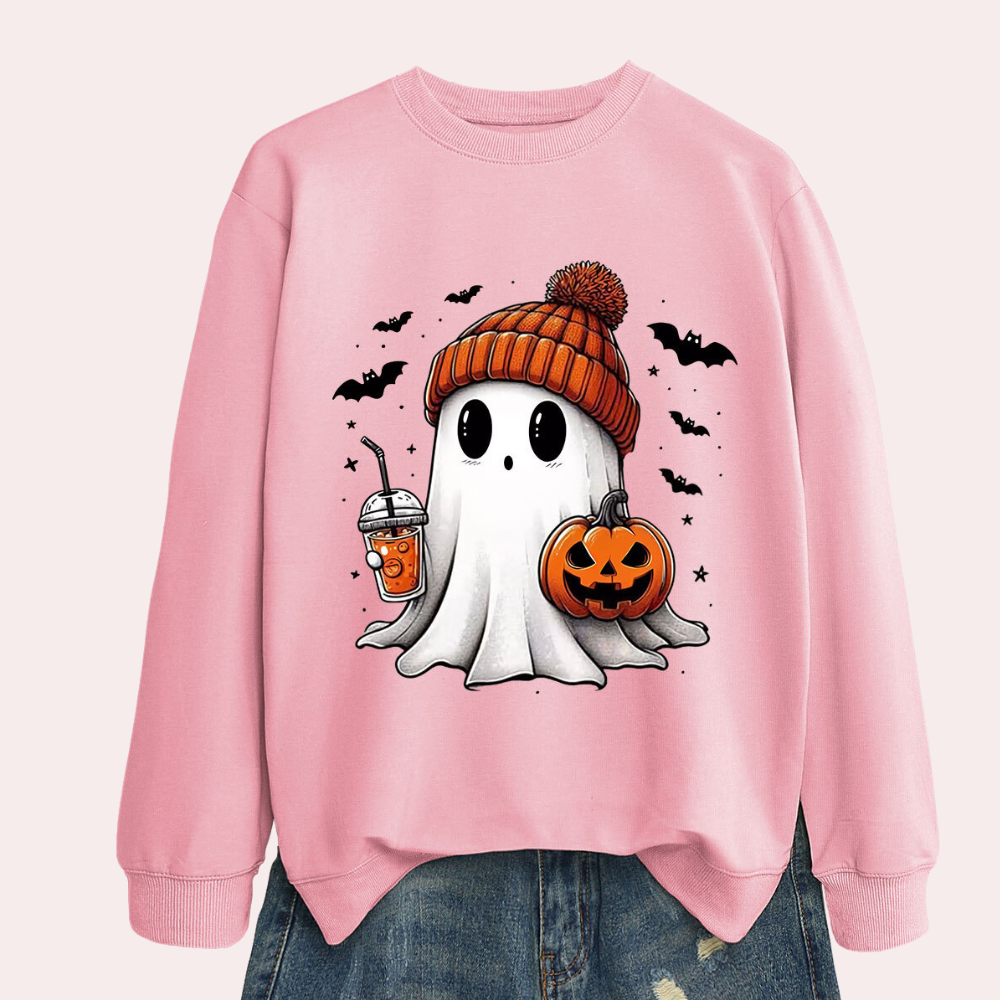 Women's Halloween Sweatshirt with Ghost and Pumpkin Print, Round Neck All Vera Mart