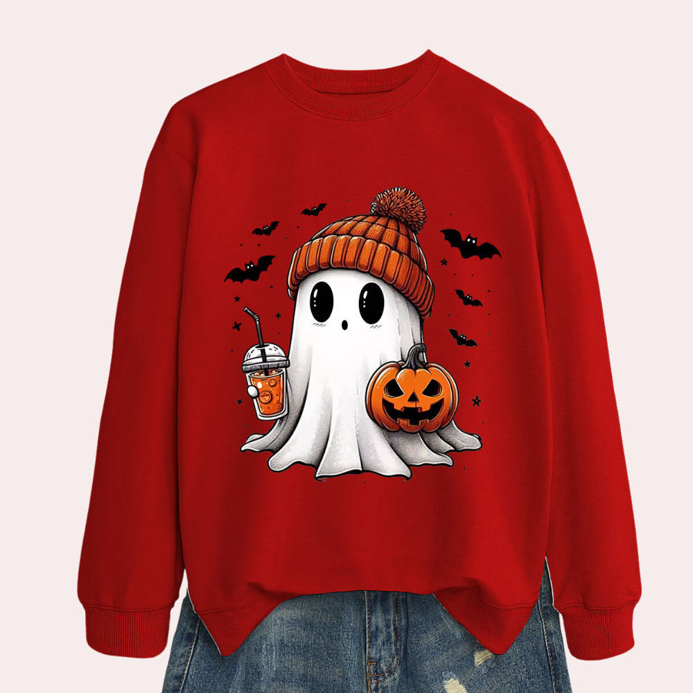 Women's Halloween Sweatshirt with Ghost and Pumpkin Print, Round Neck All Vera Mart