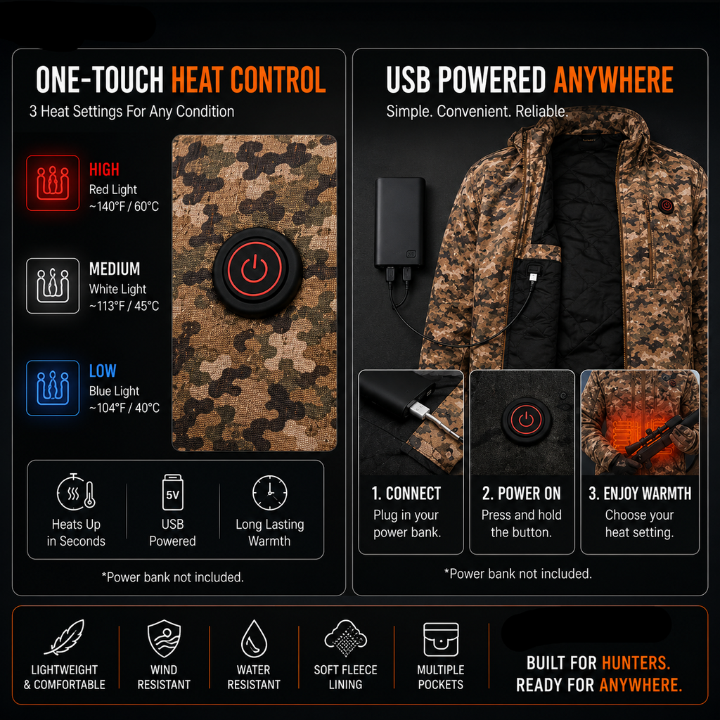 Heated Jacket with 7 Zones and Adjustable Heat Settings, Camouflage All Vera Mart