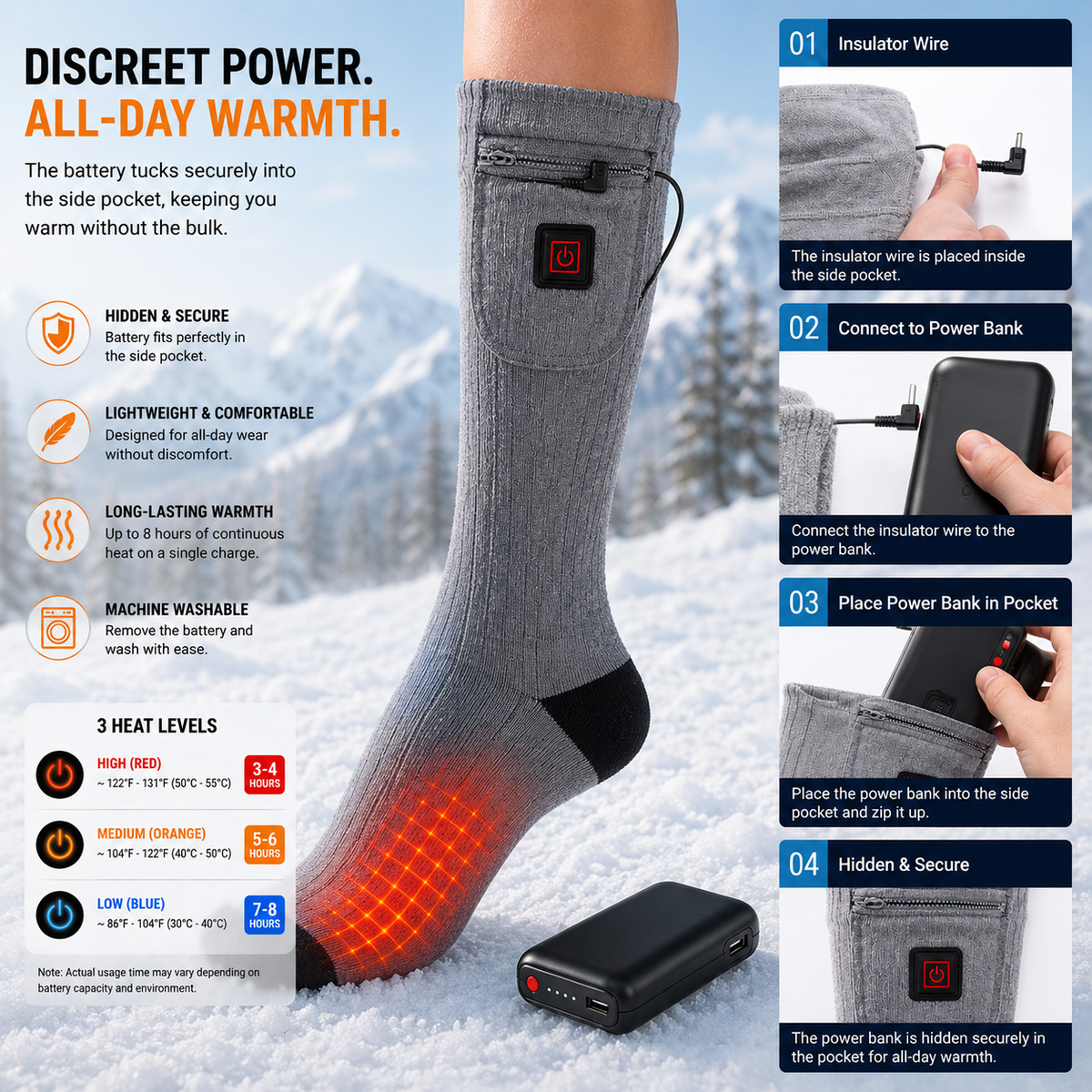 Heated Mid Calf Socks with Carbon Fiber Sole and Rechargeable Battery Pack All Vera Mart
