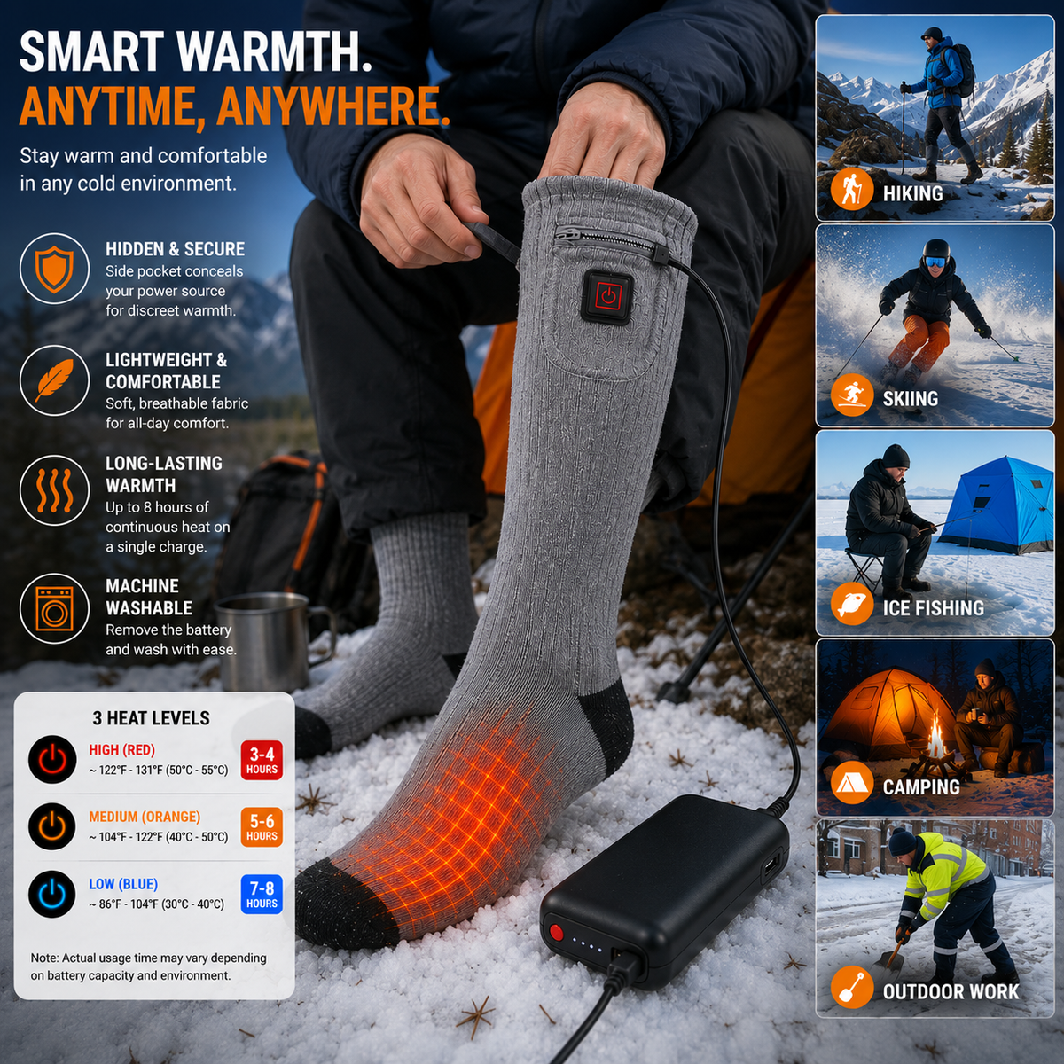 Heated Mid Calf Socks with Carbon Fiber Sole and Rechargeable Battery Pack All Vera Mart