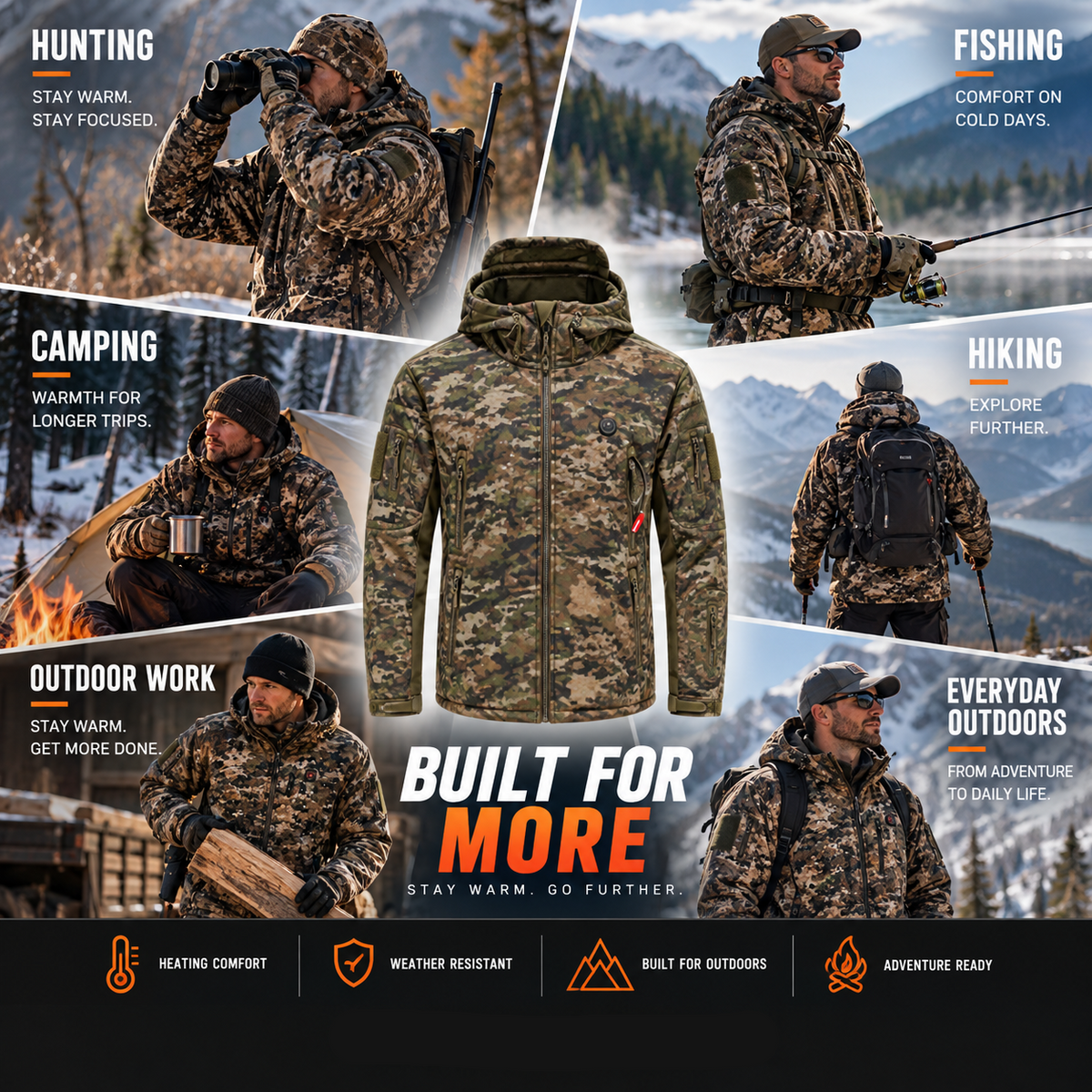 Heated Jacket with 7 Zones and Adjustable Heat Settings, Camouflage All Vera Mart