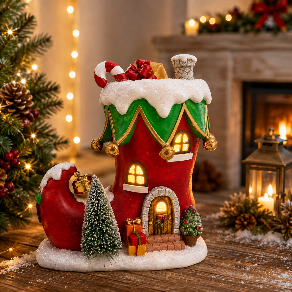 Resin Boot House with Built-In Light and Holiday Details, 8 Inches All Vera Mart