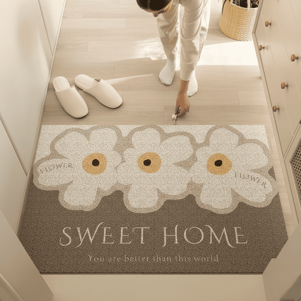 Floral Welcome Mat with Sweet Home Daisy Print, Non Slip Backing and Washable Textured PVC in Three Sizes