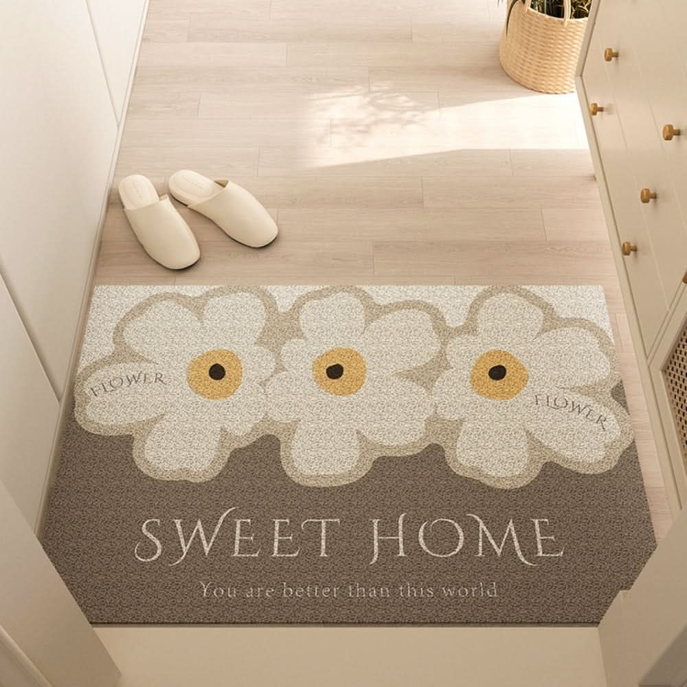 Floral Welcome Mat with Sweet Home Daisy Print, Non Slip Backing and Washable Textured PVC in Three Sizes