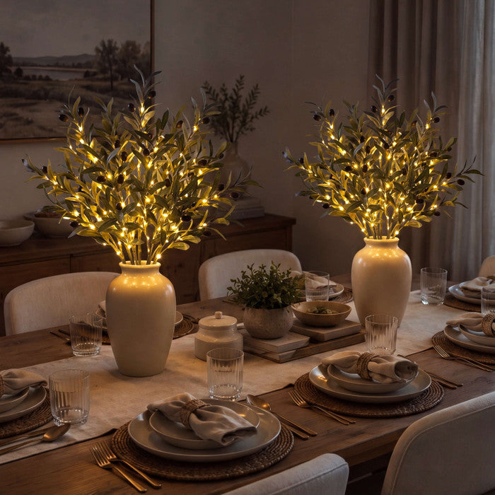Light Up Faux Olive Branch with Soft Golden Glow Battery Powered for Vases and Shelves