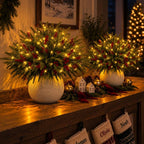 Light Up Norfolk Pine Branch with Warm Golden Twinkles Battery Powered in Classic Red Berry Or Frosted