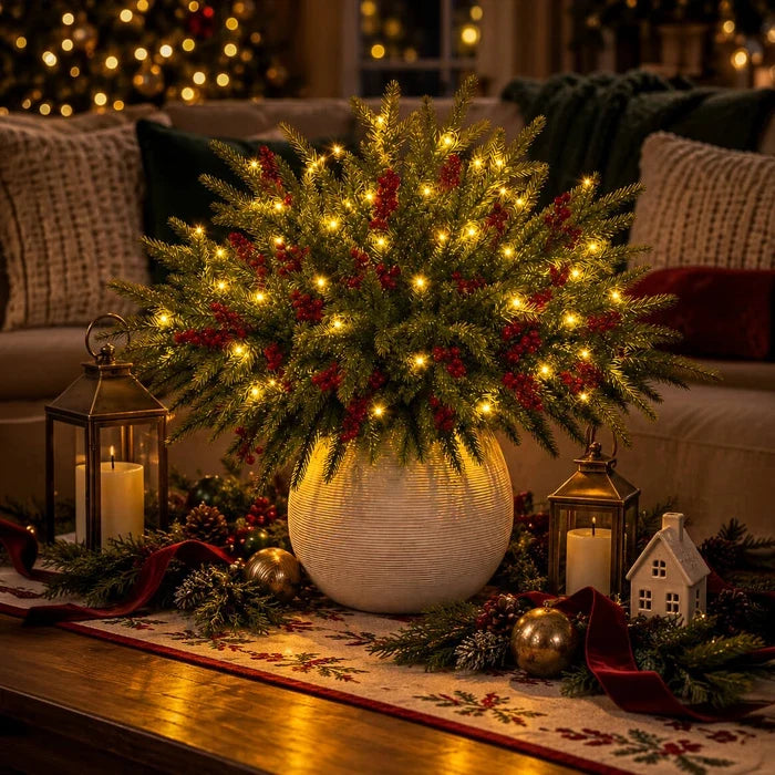 Light Up Norfolk Pine Branch with Warm Golden Twinkles Battery Powered in Classic Red Berry Or Frosted