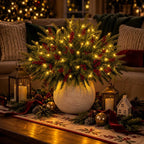 Light Up Norfolk Pine Branch with Warm Golden Twinkles Battery Powered in Classic Red Berry Or Frosted