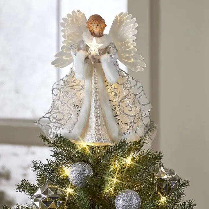 Angel Tree Topper with Moving Wings and Warm White Fiber Lighting, 30cm Tall All Vera Mart