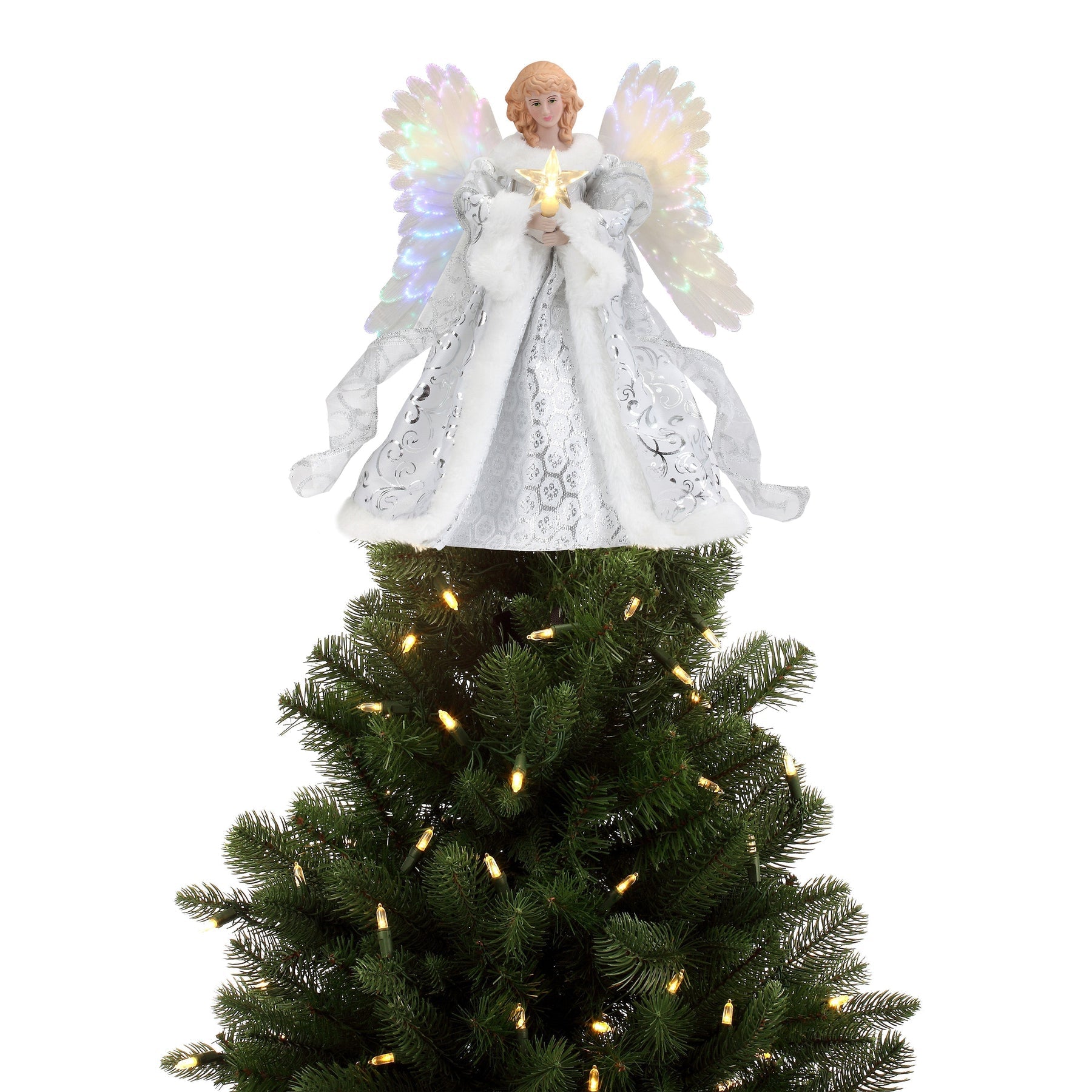 Tree Topper Angel with Moving Wings and Fiber Optic Lights, Illuminated Star All Vera Mart