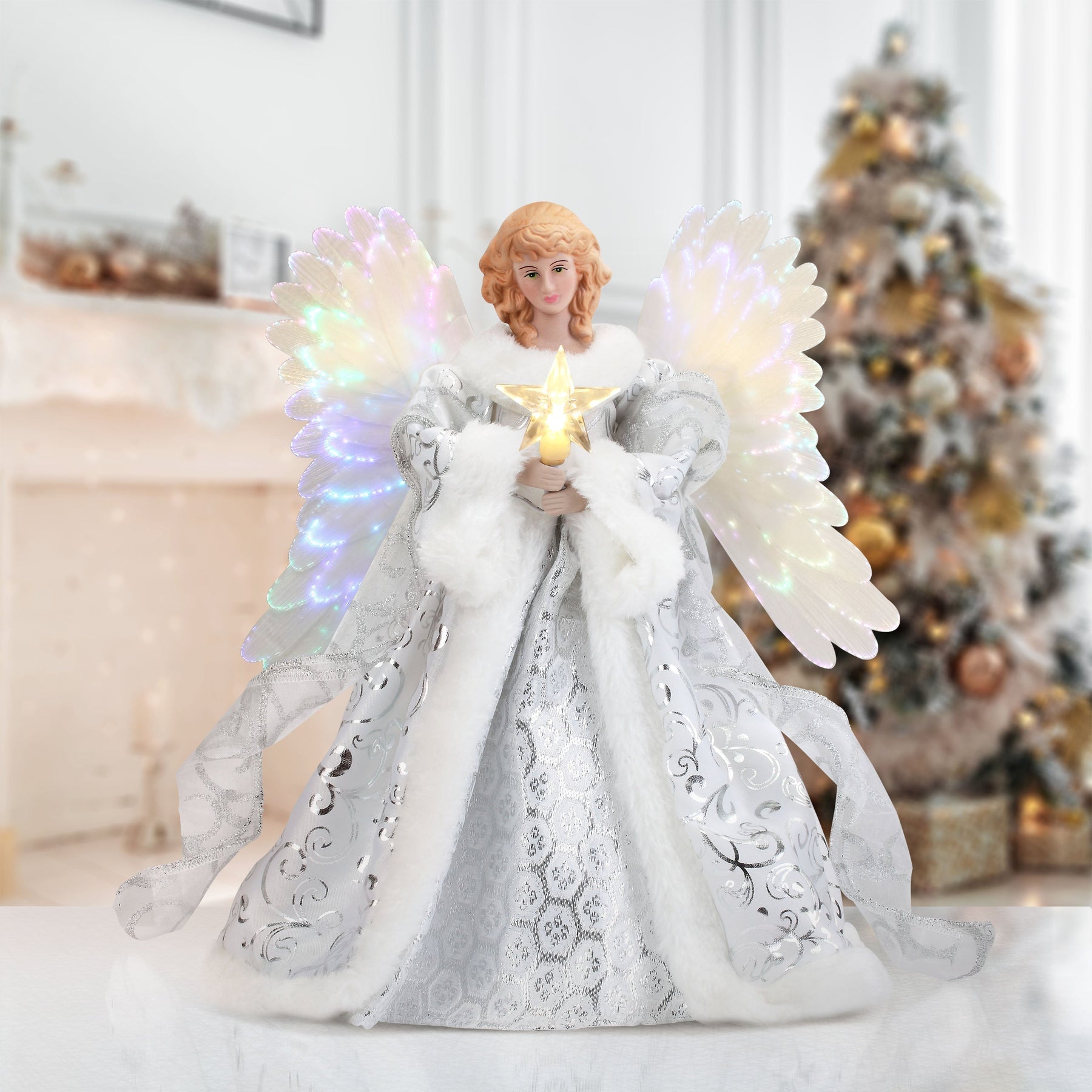 Tree Topper Angel with Moving Wings and Fiber Optic Lights, Illuminated Star All Vera Mart