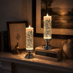 Flameless Glitter Glow Candle with Swirling Shimmer and Golden LED Light in White Gold Or Red