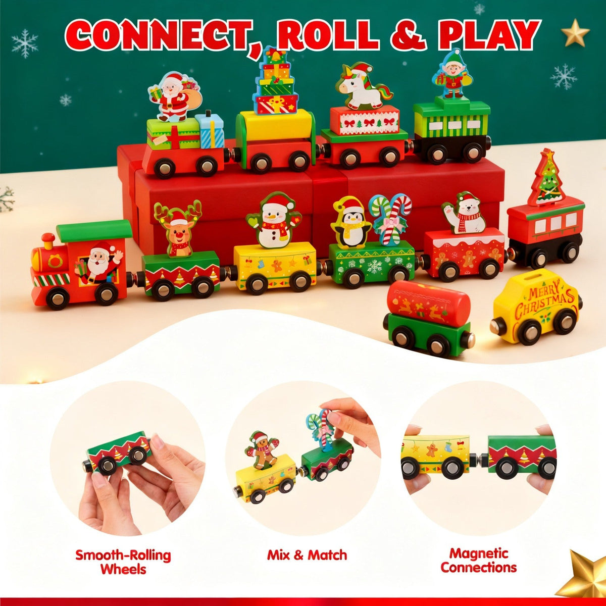 Magnetic Train Car Advent Calendar with 12 Connecting Cars and Numbered Doors